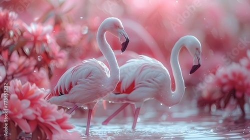 adorable antics of baby flamingos wading on a serene pink background, their long legs and fluffy feathers highlighted in breathtaking 8k high resolution © Artistic_Creation
