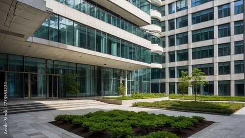 Contemporary office building with green landscaping photo