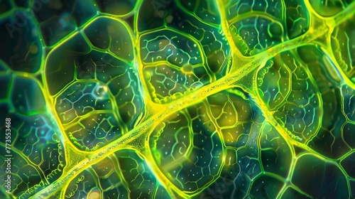 A fluorescent microscopy image of a leaf crosssection highlighting the distribution of chloroplasts throughout the cell.