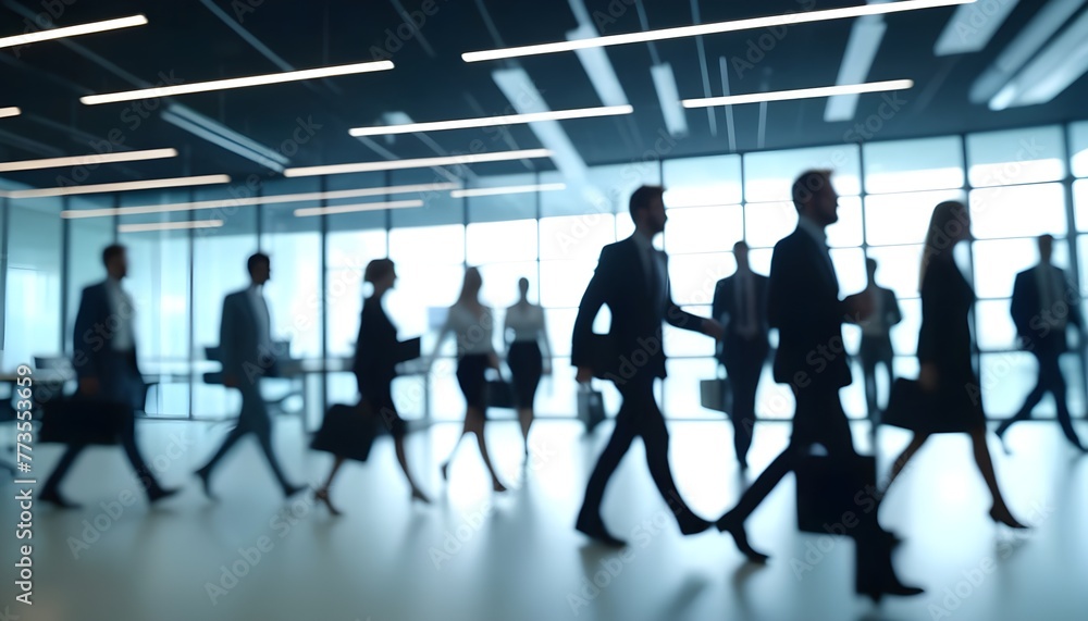 Silhouette of business people walking, talking in office lobby 