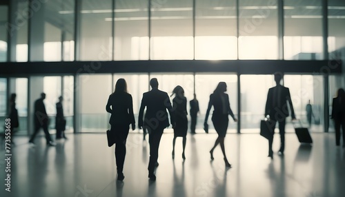 Silhouette of business people walking, talking in office lobby 