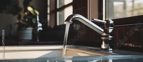 Water flowing from a close-up kitchen sink faucet with drops cascading down