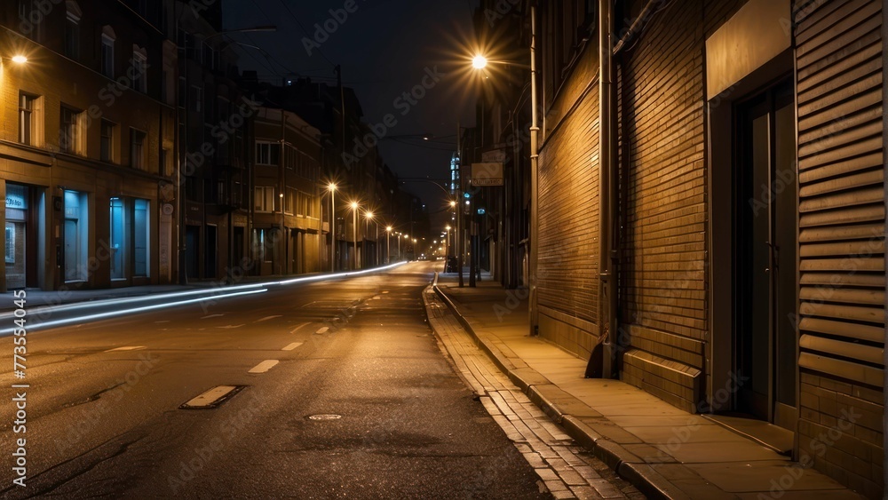 Deserted urban street with light trails