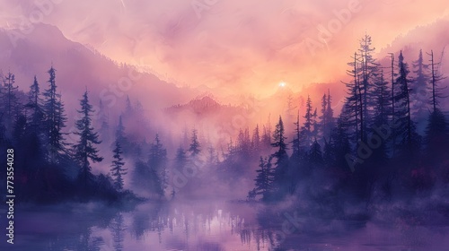 Witness the gentle hues of daybreak as they dance upon the watercolor canvas, blending soft pinks, lavenders, and blues in a symphony of serenity #773554028
