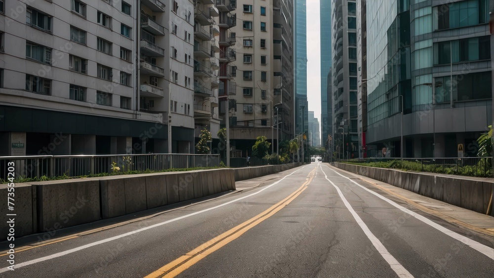 Road cutting through modern cityscape