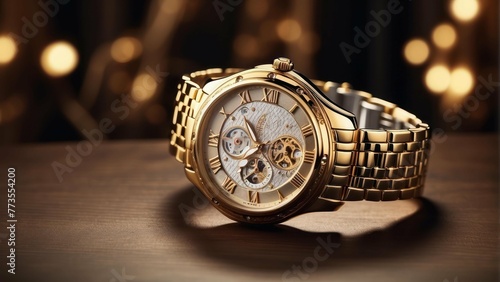 Luxurious golden wristwatch with gears