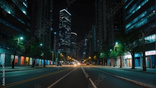 City street at night with illuminated buildings