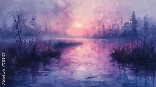 Witness the gentle hues of daybreak as they dance upon the watercolor canvas, blending soft pinks, lavenders, and blues in a symphony of serenity