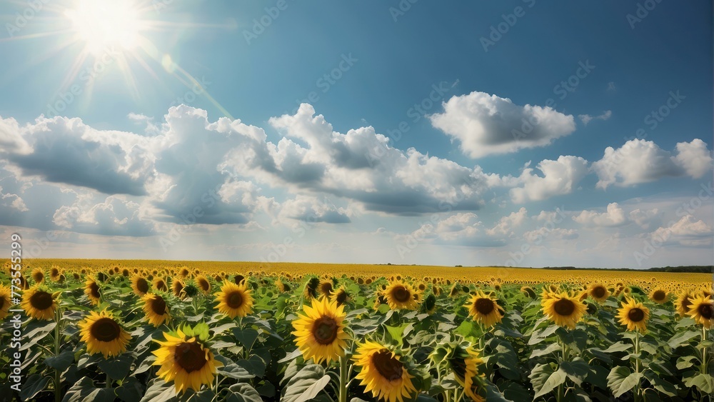 Obraz premium Sunflower field with clear blue sky and sunlight