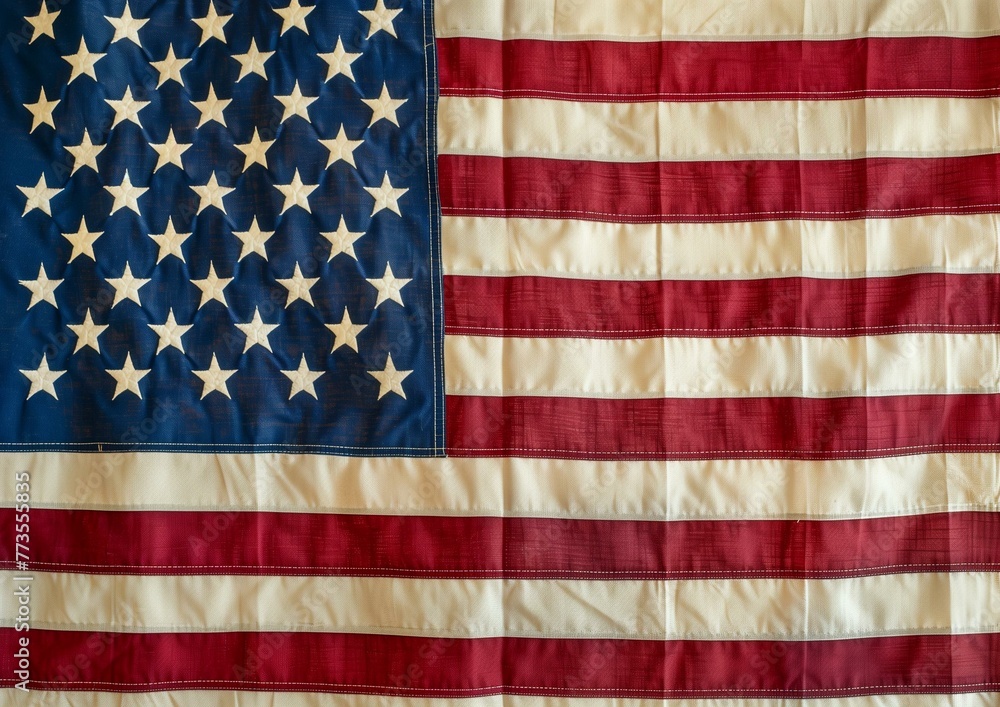 Naklejka premium Close-up of Vintage American Flag, Patriotic Background with Stars and Stripes