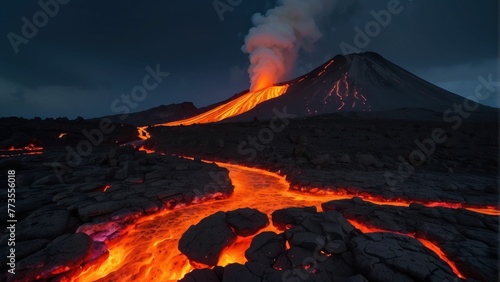 Erupting volcano with rivers of molten lava