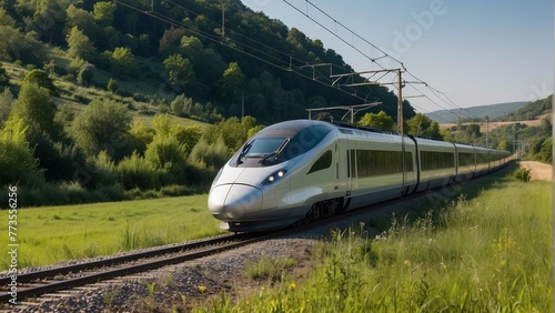 Modern high speed train running through countryside