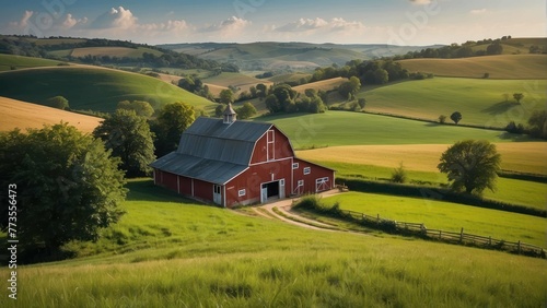 Iconic red barn in a pastoral countryside landscape photo