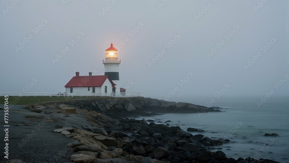 Foggy lighthouse scene on a rocky shore Foggy lighthouse scene on a rocky shore