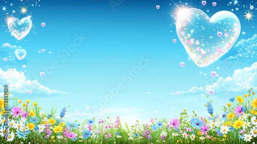 Idyllic Summer Scene with Heart-Shaped Cloud and Bubbles Floating Above a Meadow of Wildflowers