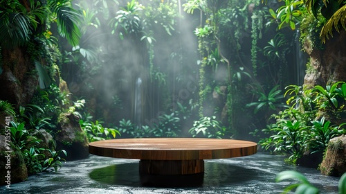 A product presentation podium that merges natural elegance and refined sophistication against the vibrant green backdrop of a lush tropical forest