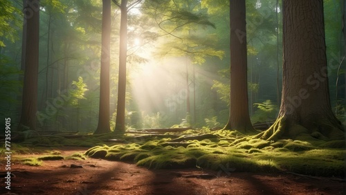 Misty forest with sunbeams and green moss