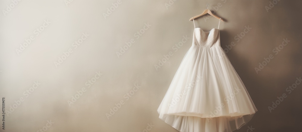 Wedding gown elegantly displayed on a wall, showcasing intricate lace and delicate details Wedding gown elegantly displayed on a wall, showcasing intricate lace and delicate details