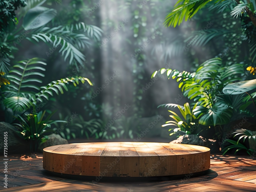 A product presentation podium that merges natural elegance and refined sophistication against the vibrant green backdrop of a lush tropical forest A product presentation podium that merges natural elegance and refined sophistication against the vibrant green backdrop of a lush tropical forest