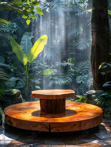 A product presentation podium that merges natural elegance and refined sophistication against the vibrant green backdrop of a lush tropical forest