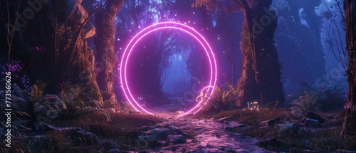 3d render of a fantasy portal in the forest with neon lights