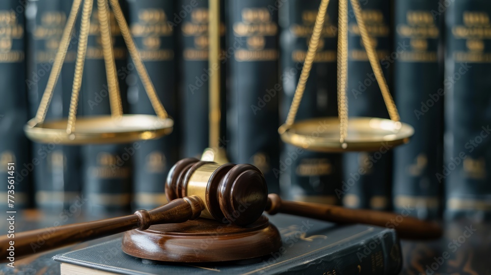 Close-up of a gavel on legal books, the golden scale of justice gleaming softly in the background Close-up of a gavel on legal books, the golden scale of justice gleaming softly in the background