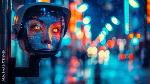 Night-time scene of a street surveillance camera with an illuminated face recognition interface, scanning for identities