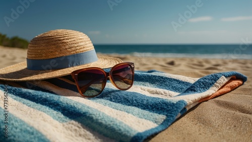 Straw hat and sunglasses on a beach towel