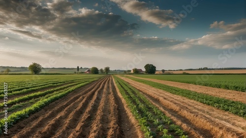 Rural landscape with plowed fields and farm