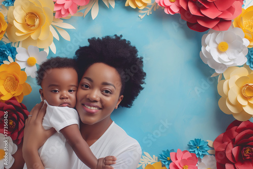happy mother's day, mother's day gift, mother and child, family, women's day, beautiful smiling woman holding her son in her lap small child, happy home, floral background photo