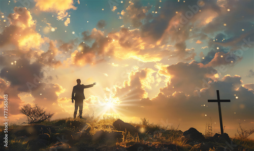Man on earth reaching for the hand of God with cross in the background at sunset