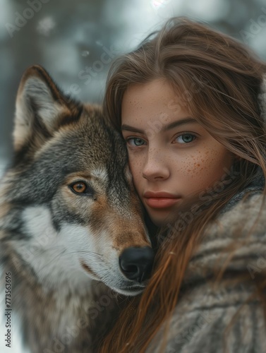 Young Woman Close to Wolf