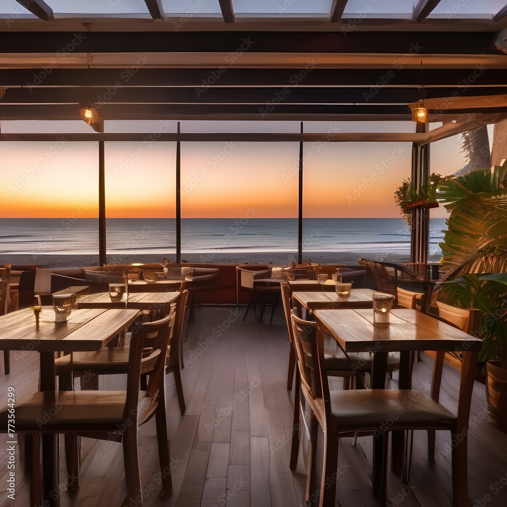 A beachside cafe with tables overlooking the ocean, the sun setting in the background2