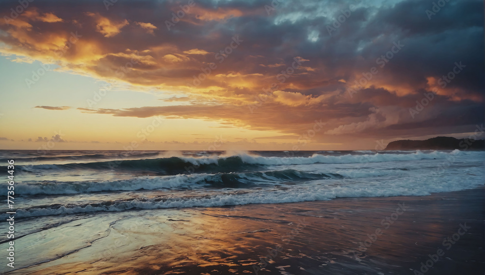 painting of a sunset over the ocean with waves crashing on the beach and clouds in the sky over the ocean and a beautiful beach area painting of a sunset over the ocean with waves crashing on the beach and clouds in the sky over the ocean and a beautiful beach area
