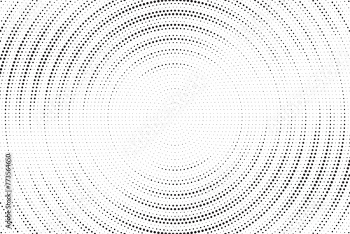 Radial halftone spotted and dotted gradient background. Concentric stains texture with fading effect. Black and white rough wallpaper. Grunge monochrome geometric backdrop. Vector illustration.