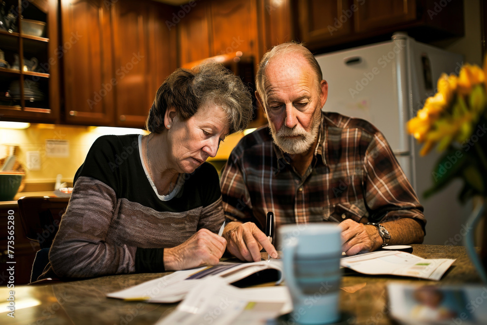 Senior Couple Reviewing Bills and Expenses at the Kitchen Table Senior Couple Reviewing Bills and Expenses at the Kitchen Table