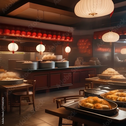 A Chinese dim sum restaurant with carts of steaming dumplings being pushed around the dining room2 photo