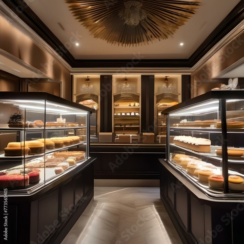 A dessert cafe with glass cases filled with decadent cakes and pastries1 photo