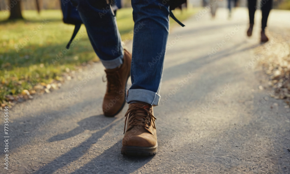 National Walking Day, people walking on gravel tarmac road on a summers day National Walking Day, people walking on gravel tarmac road on a summers day