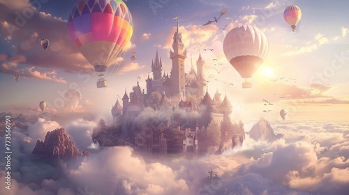 An enchanted podium showcasing a magical kingdom nestled a the clouds with a majestic castle and colorful hot air balloons dotting . . photo
