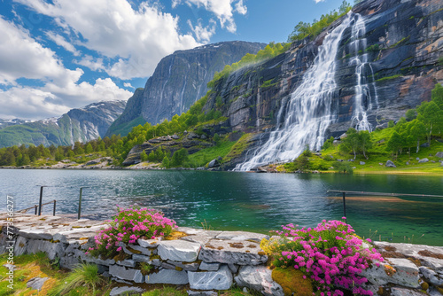 Waterfalls in Hardangervidda, Norway, include twin and double. The Espelandsfossen is located in the westernmost region of Hardangervidda, south of Odda. photo