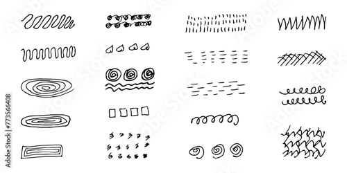 Brushes and elements for notes highlighting text. Squares circles lines wavy strokes. Vector illustration...