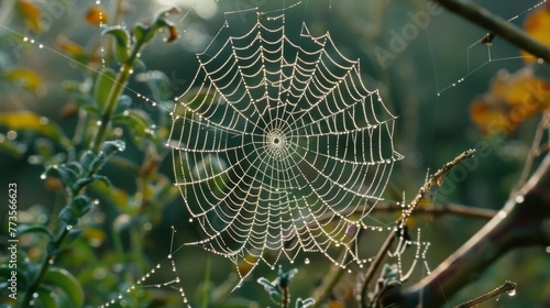 An intricate spider web adorned with dew drops the only source of water for its industrious weaver.