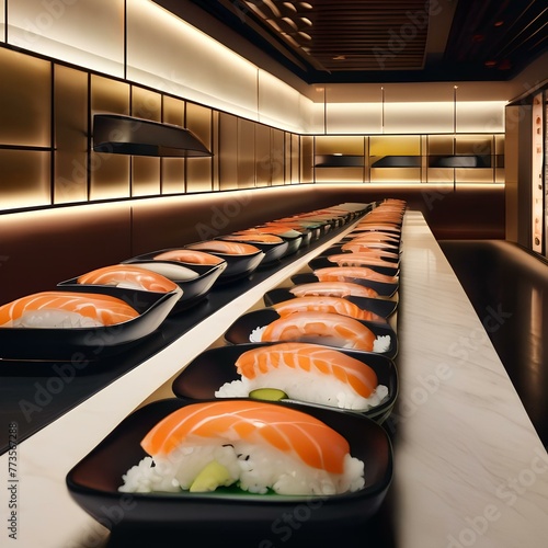 A sushi conveyor belt restaurant with plates of sushi passing by on a conveyor belt1 photo