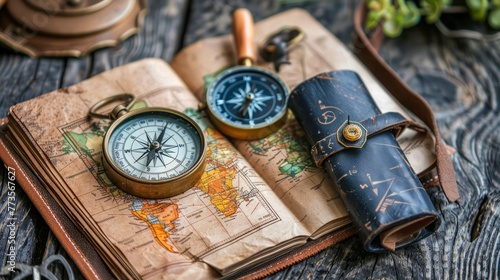 Vintage Compass and Leather Bound Journal on Rustic Wooden Table for Adventure and Exploration Themes photo