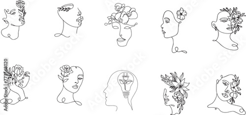 One continuous line drawing of human head with plant inside. Mental health and psychology vector concept. Creative ideas, grow up, positive thinking and self care. Growth mindset skills illustration