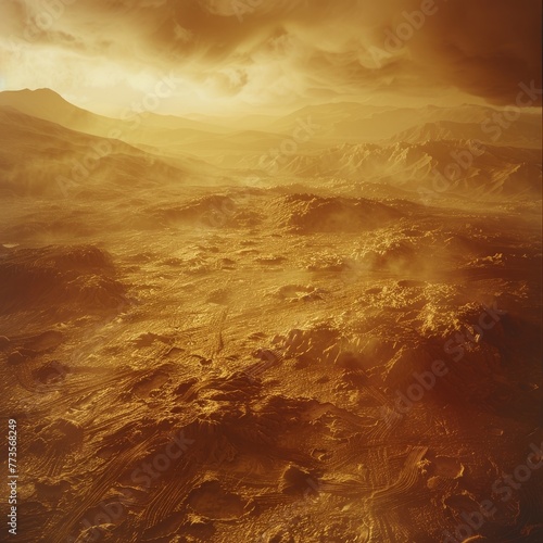 Artistic stock photo of Venus' surface as imagined from a spacecraft descending through its hostile atmosphere, showing volcanic plains and potential signs of ancient lava flows © bteeranan