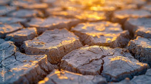 Golden Hour Light Casting Shadows on Cracked Dry Earth Texture  Concept of Drought and Climate Change