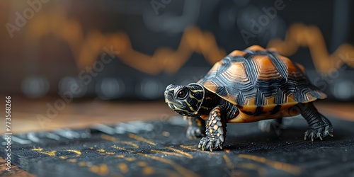 Tiny turtle figurine strolling on a chalkboard sketch of a stock market trend line. Concept Miniature Turtle Figurine, Chalkboard Art, Finance Theme © Ян Заболотний