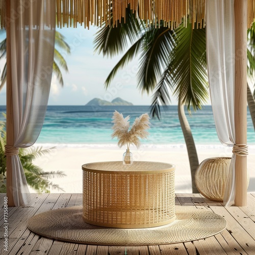 Bohemian Rattan Podium, front view focus, with a Sunny Beachside Cabana Background, ideal for summer fashion product displays